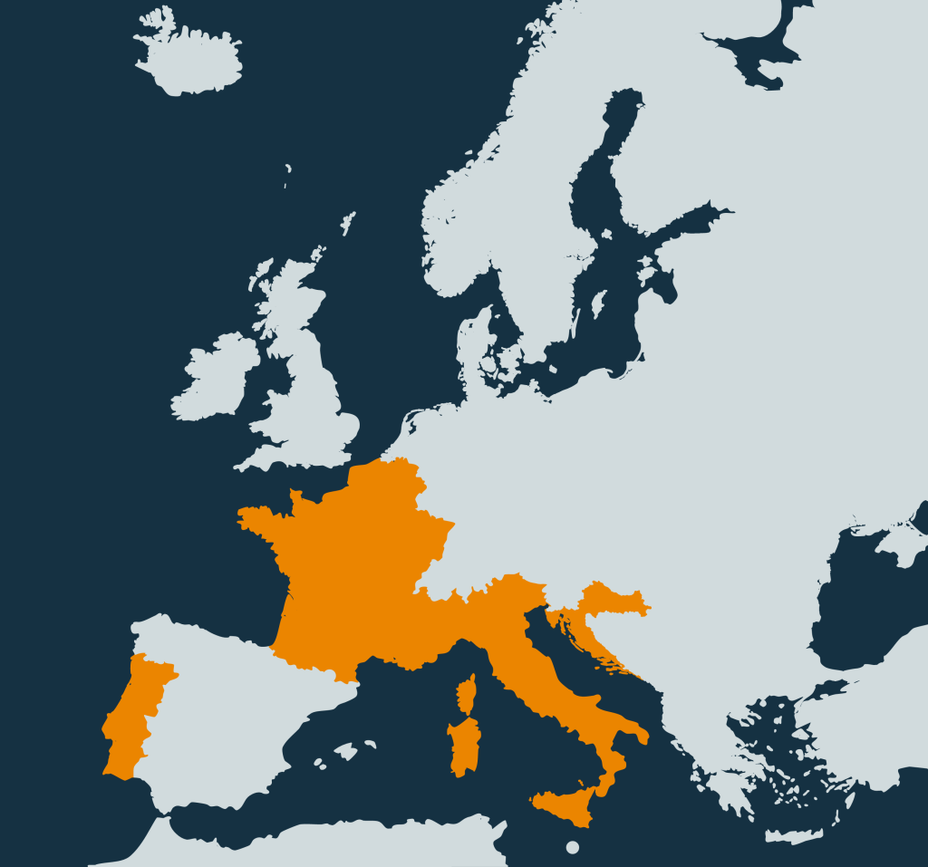 Map of Europe where Belgium, Croatia, France, Italy and Portugal are highlighted